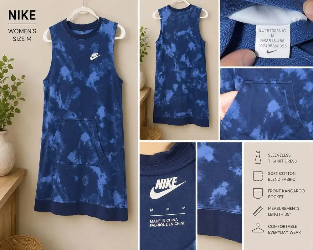 Nike Women's Sleeveless French Terry Tie-Dye Dress with Front Kangaroo Pocket